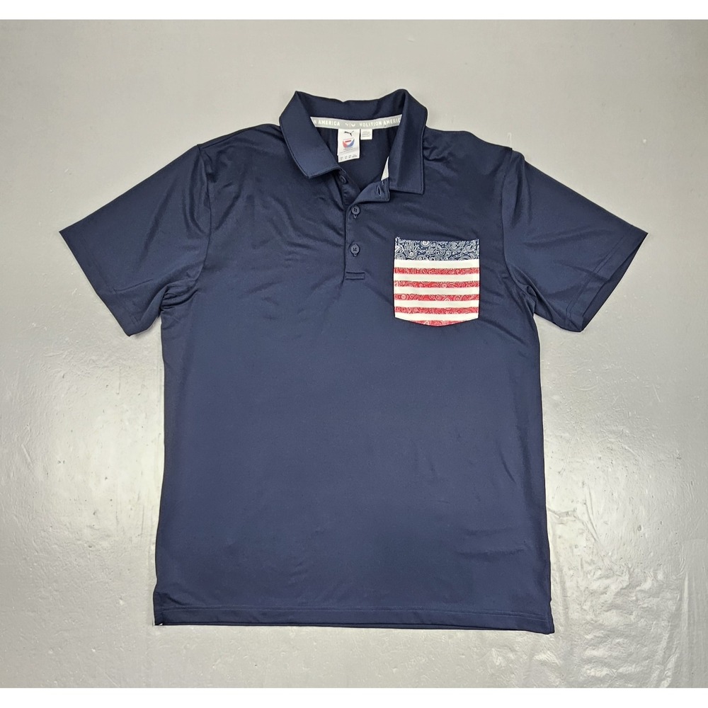 Puma Volition America Golf Polo Shirt Mens Large Blue Patriotic Paisley Pocket